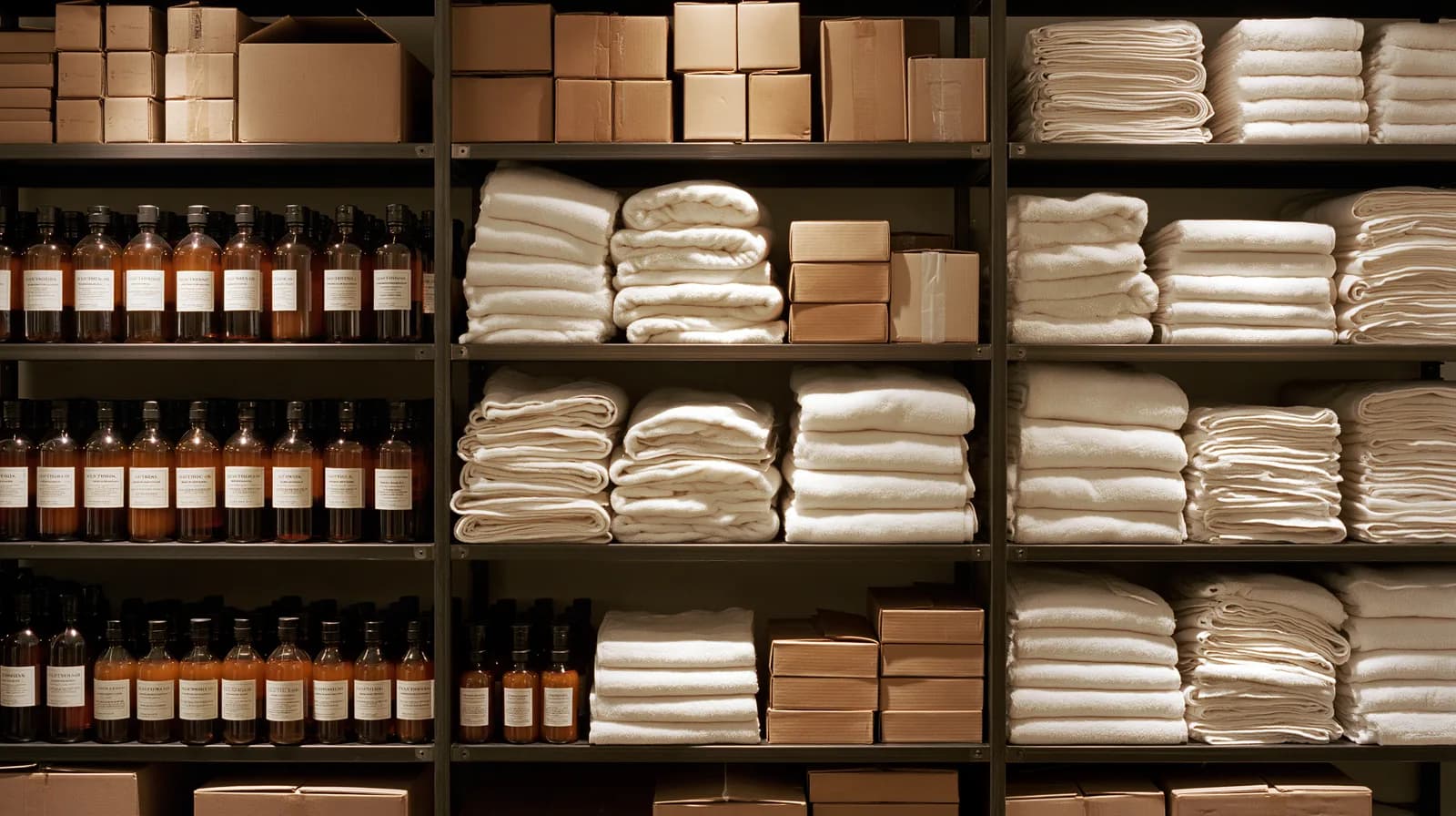 Professional stock lined up on a shelf.
