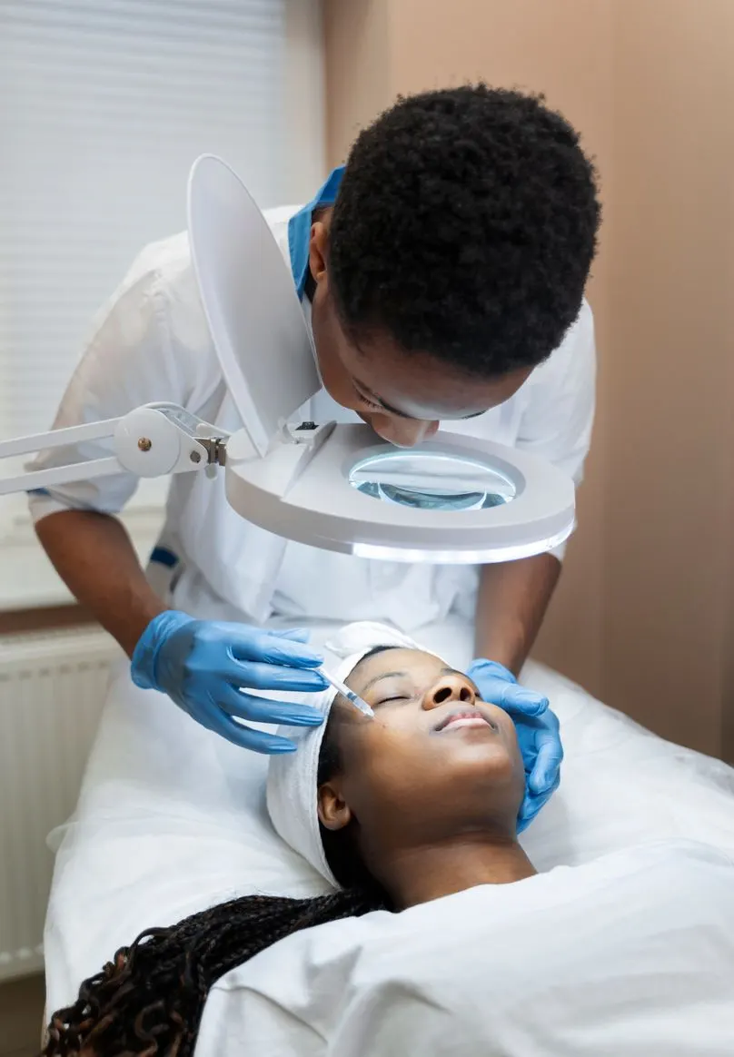 A clinician examines a client's skin under a magnifying lamp.