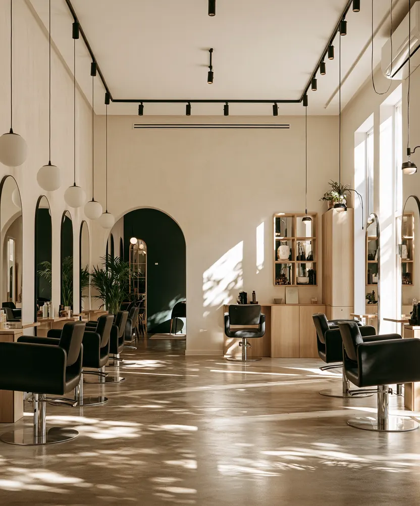 A long salon with arched mirrors and black chairs down one wall.